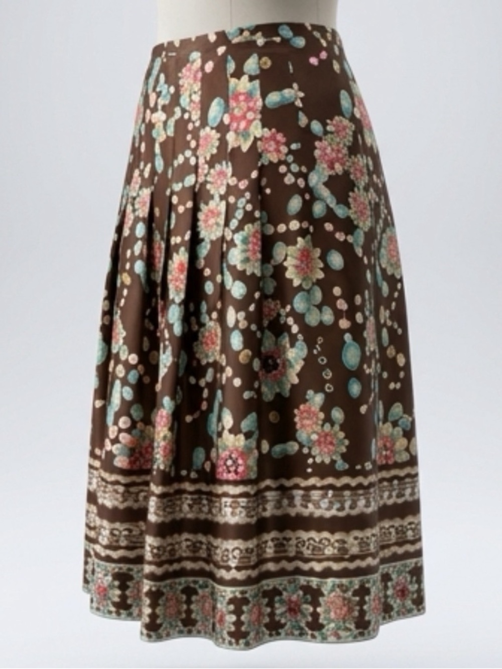 Chic Floral A-Line Skirt in Brown 100% Silk